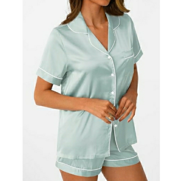 Silk Satin Fall Soft Pajama Set Matching Lounge Button Up Green - Picture 2 of 7